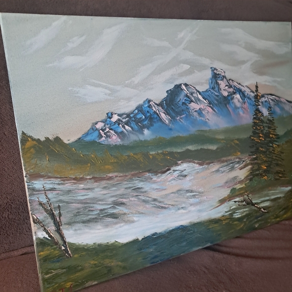 Bob Ross Inspired Oil Paint Hand Painted Canvas Palette Knife Painting Mountains - Picture 3 of 5